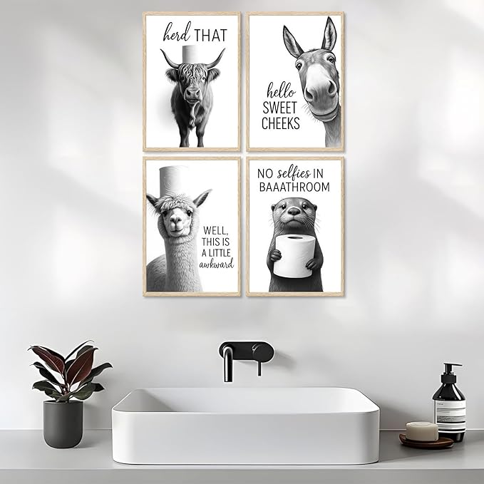 Funny Bathroom Wall Art Set of 4 Black and White Bathroom Wall Decor Toilet Paper Pictures Cute Humorous Animal Posters Prints Toilet Signs Painting Artwork Decoration 12x16in Unframed
