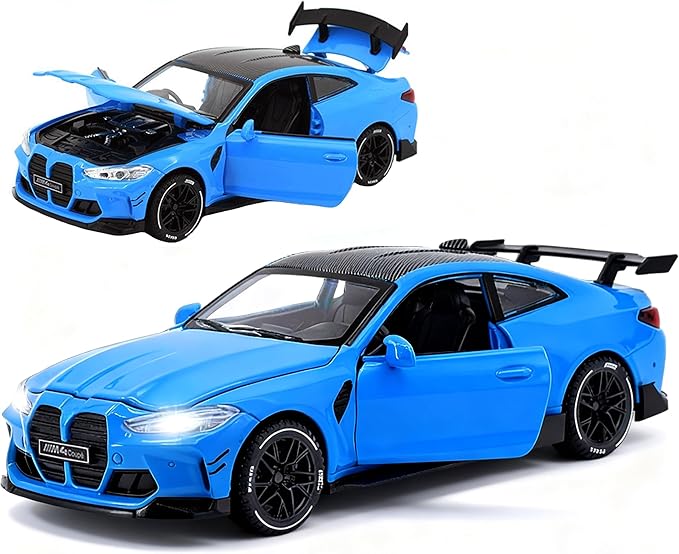 Toy Cars Compatible for M4（M Performance Parts） 1/32 Metal Model Car Pull Back Car Toys with Light and Sound Toys Car Collectible Model for Children Age 3 + Year Old (Blue)