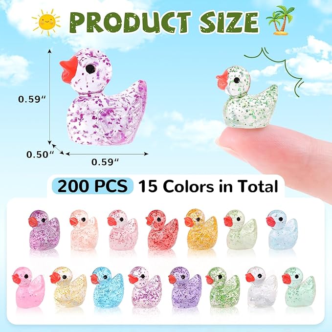 200PCS Mini Resin Animals Cute Colorful Glitter Tiny Ducks, Miniature Figures to Hide, Little Animal Accessories Bulk for Topper Garden Dollhouse Landscape Aquarium Ornaments DIY Crafts & Decor