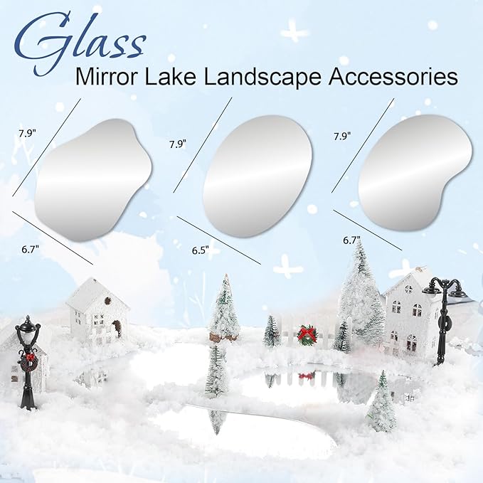 VANSUN 3PCS Real Glass Mirror Lake for Christmas Village, Premium Ice Skating Pond for Miniature Winter Scenes, High-Clarity Frozen Lake Display for Christmas Village Decorations