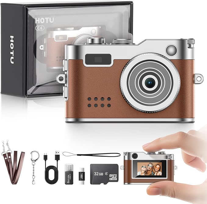 HOTU Mini Digital Camera, Keychain Camera 1080P HD with 2MP Lens, Flash, Video Recording, 32G Card Included, Portable and Compact Retro Vlog Camera for Travel, Kids, Brown