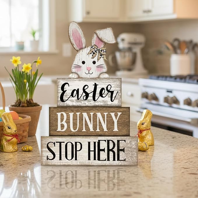 Moucuny 4 Pcs Easter Table Decoration Wooden Rabbit Easter Tiered Tray Decor Cute Bunny Centerpiece Rustic Wooden Bunny Block Sign Farmhouse Holy Week Party Decoration for Home Kitchen Shelf