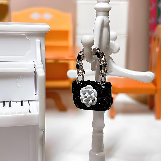 2 Pcs Miniature Fashion Girl Handbags with Rose Pattern – 1:12 Scale White & Black Metal Satchels, Tiny Dollhouse Accessories for Micro Scene Decoration, DIY Display, Collectible & Creative Home Décor