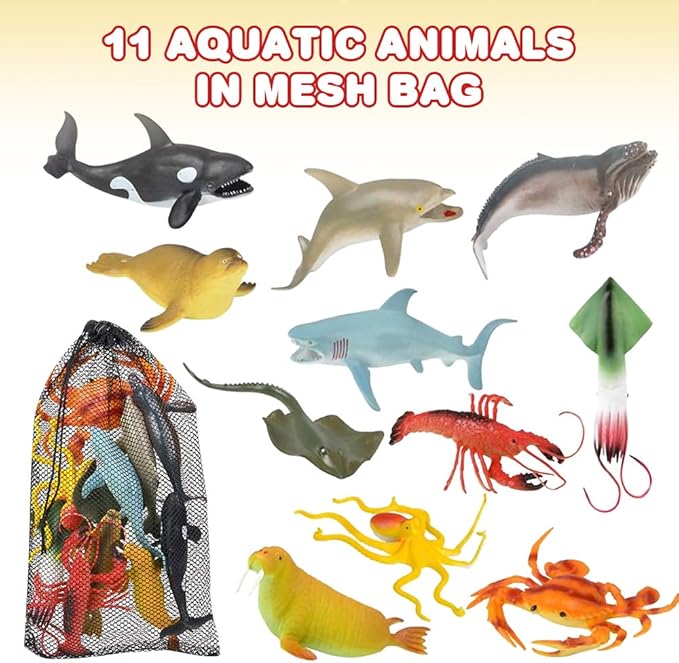 ArtCreativity Aquatic Animal Assortment in Mesh Bag, Pack of 11 Sea Creature Figurines in Assorted Designs, Bath Water Toys for Kids, Ocean Life Party Décor, Party Favors for Boys and Girls