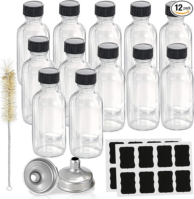Hadatido 12pack 4oz Glass Bottles With Caps,Wellness Shot Jar Sample Bottles for Bourbon Whiskey,liquor,Potion,Oils,Vanilla Extract,Tincture,Hot Sauce,Syrup,Juice,with Funnels,Labels,Brush,No Leakag