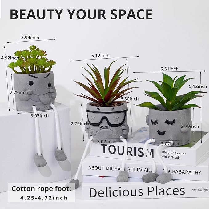 LUZOGA Set of 3 Artificial Succulents Potted Plants Faux Succulents Desk Decoration Fake Mini Plants in Grey Pots Faux Plants Kitchen Shelf Desk Decor Small Bathroom Decor for Shelves