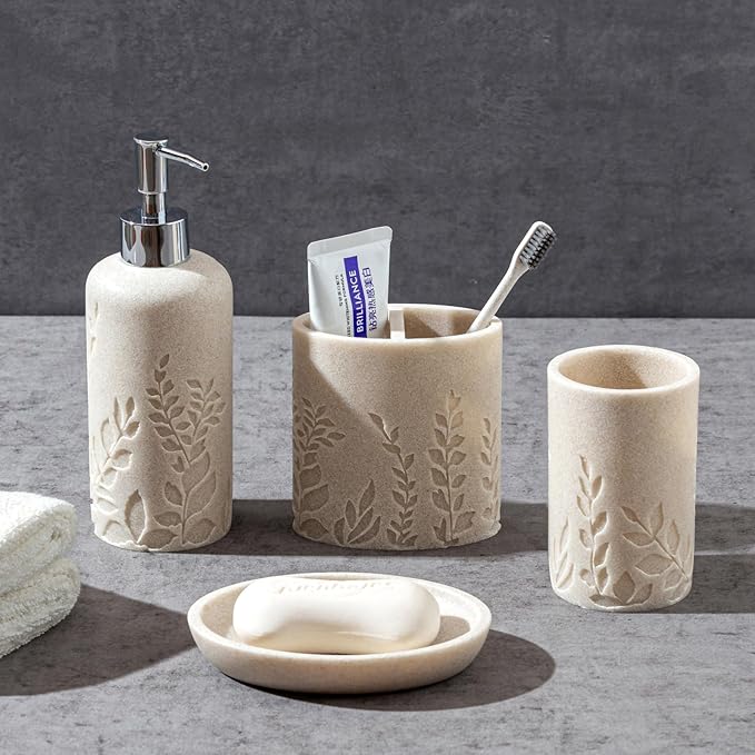 Haocoott Bathroom Accessories Set, 4 PCS Bathroom Accessory Sets with Soap Dispenser 13 OZ, Toothbrush Holder, Tumbler, Soap Dish, Bathroom Countertop Organizer, Sea Bathroom Decor (Leaf Beach)