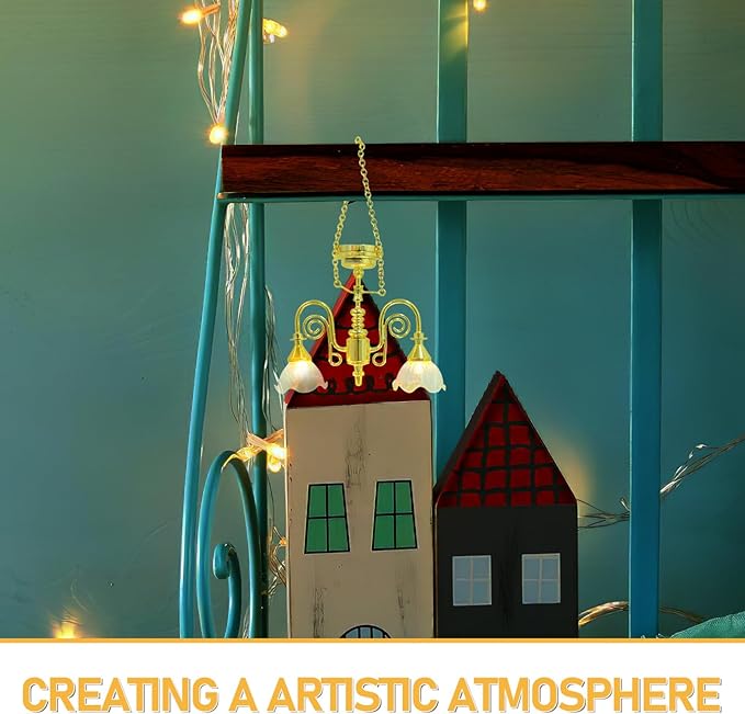 TOYANDONA Miniature Dollhouse Chandelier – Gold Double-Head Floral Ceiling Light with Light Display, Vintage Hanging Lamp Mini Furniture Accessories for Dollhouse Decor