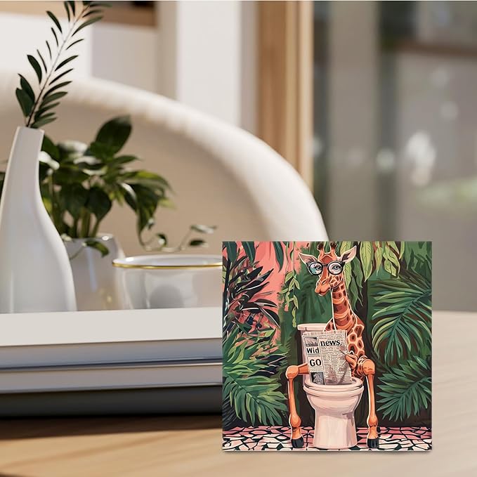 Nrleey Funny Giraffe Bathroom Decor - Wooden Box Sign, 5 X 5 Inches