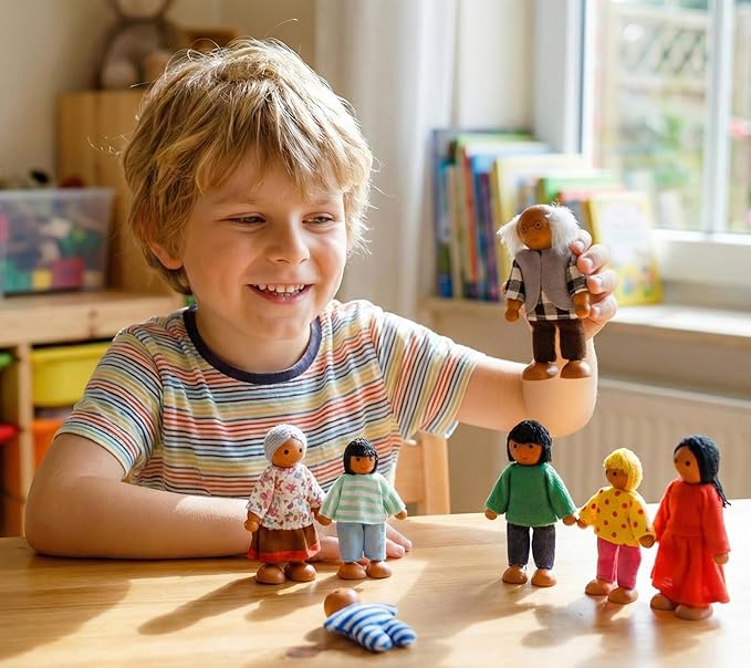 Jzszera 15 Pcs Wooden Dollhouse People with Movable Limbs, Doll House Family Figures for Educational Pretend Play