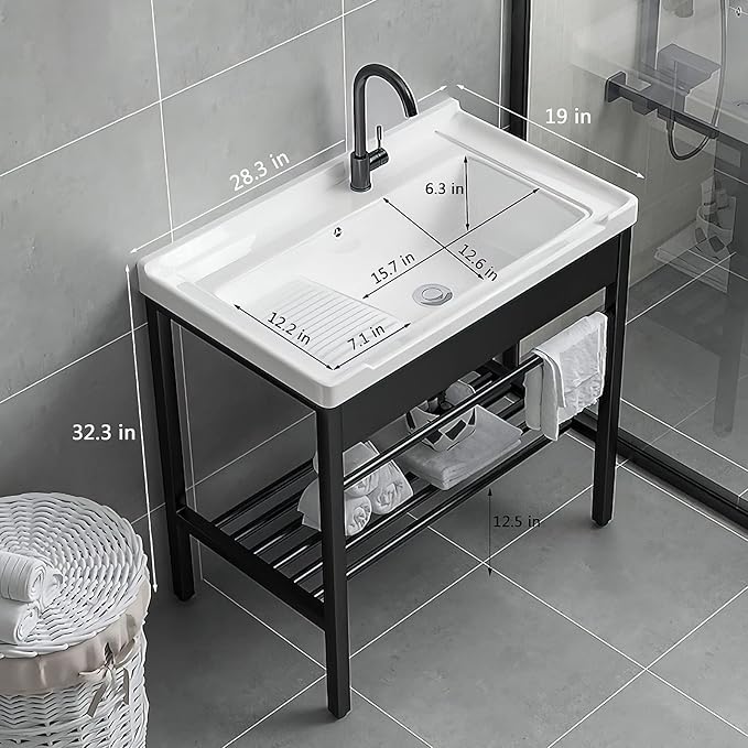 Freestanding Laundry Utility Sink, 28.3" x 19" x 32.3" Ceramic Utility Sink with Washboard Set with Bracket and Drain Kit for Laundry Room, Utility Room, Garage, Basement, Outdoor and Indoor