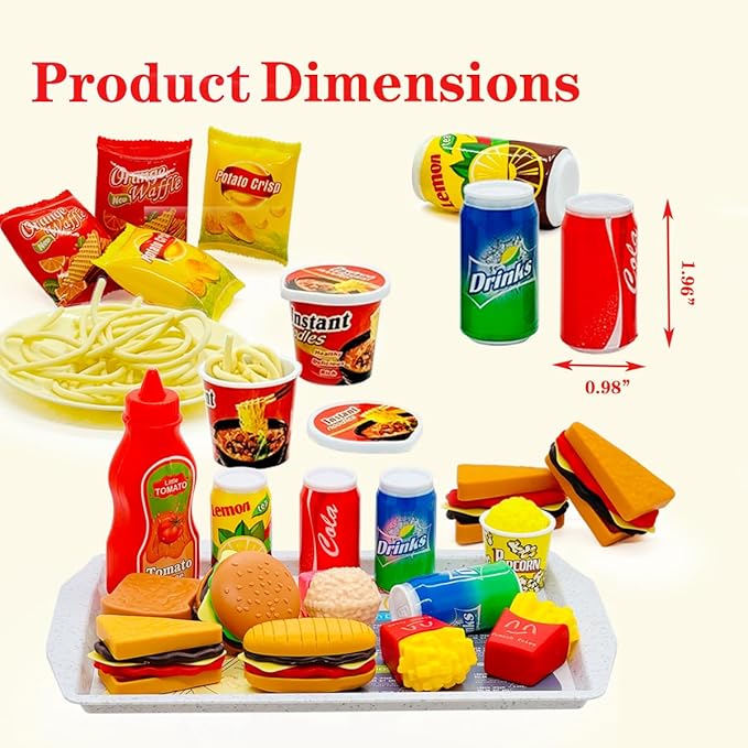 Pretend Play Kitchen Mini Foods Set for Kids Hamburger Fries Noodles Drink with Tray Playset,Play House Kitchen Accessories Role Toys Birthday Gifts for Boys Girls 3 4 5 Yrs (31Pcs Hamburger Chips)