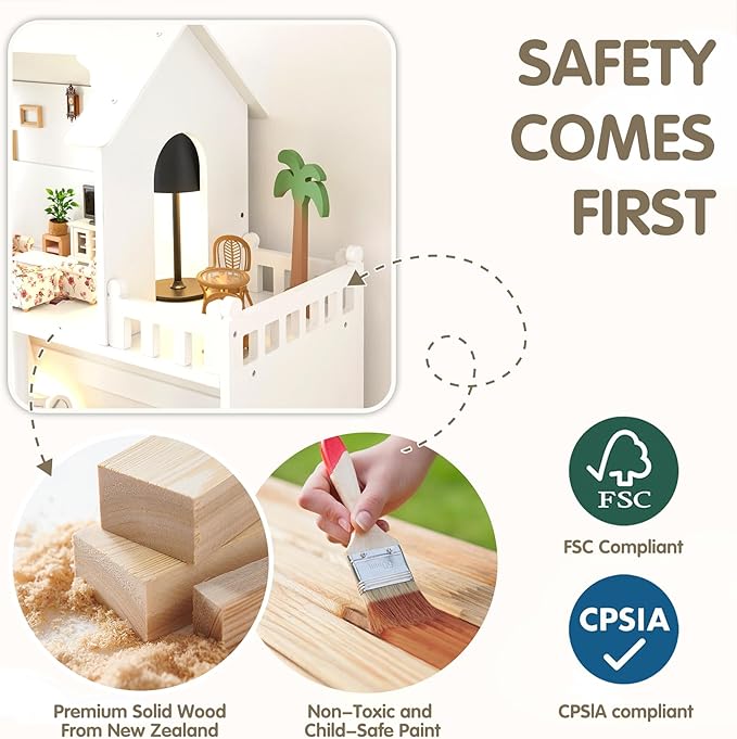 Wooden Dollhouse Bookshelf 3-Tier Doll House Bookcase Kids Books Toys Dolls Storage Organizer Shelves for Children's Bedroom Playroom Kindergarten Nursery Gift for Boys Girls Ages 3-8 Years Old