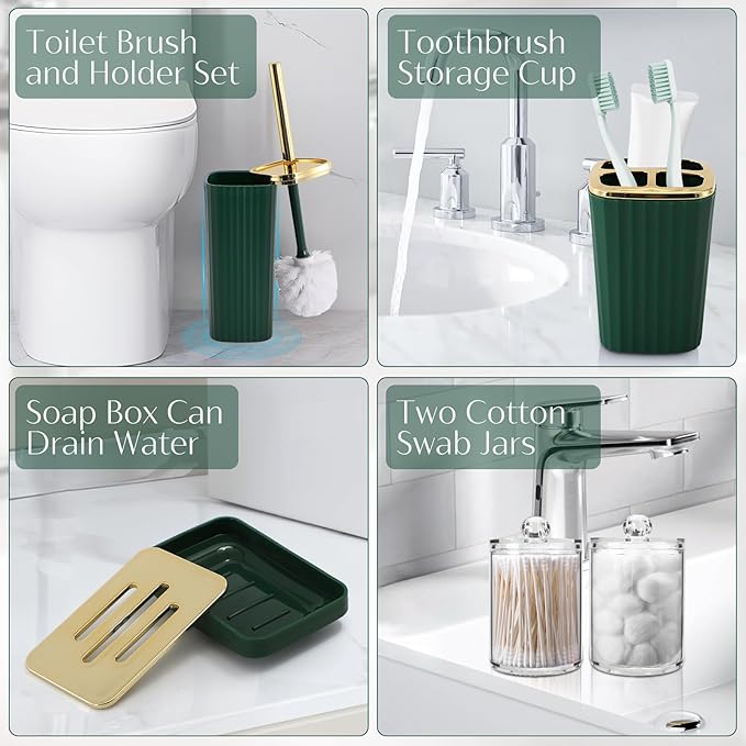 WSBArt 17PCS Bathroom Accessory Set Bathroom Set Hunter Green Bathroom Accessories,Toilet Brush, Trash Can, Qtip Holder Dispenser& 3PCS Soap Dispenser