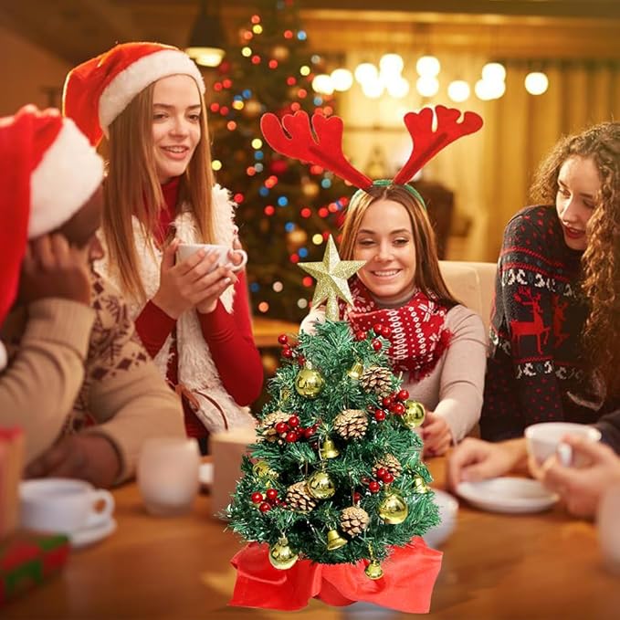 24 Inch Mini Christmas Tree with Lights 2ft Small Christmas Tree with Star Christmas Table Decorations for Bedroom, Home, Office, Holiday Party Decor