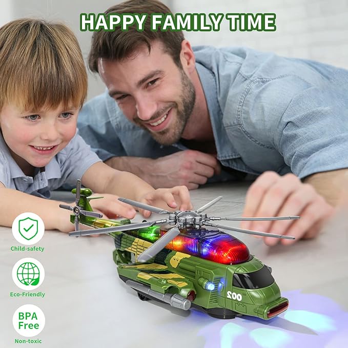 Helicopter Toy for Kids 3-5 6 7, Army Military Toy Helicopters with Lights and Music for Toddlers Birthday Easter Gifts, Bump and Go Airplane Toys for Boys Girls 3 4 5 6 7 Years Olds