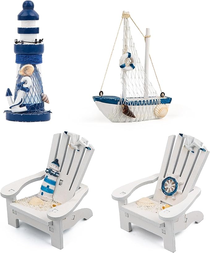 JQAQJU 4" Wooden Beach Chair Lighthouse Sailboat, 4pcs Mini Nautical Home Decoration & Beach Ocean Ornament for Summer Bathroom Bedroom Kitchen