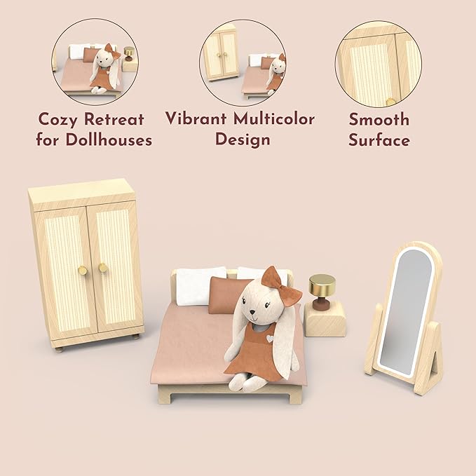 SPEEDY MONKEY Doll House Bedroom Playset – Wooden Playhouse with Bunny Character & Furnitures Set for Kids, Pretend Play Dollhouse and Imaginative Room Décor Storytelling for Toddlers & Preschoolers