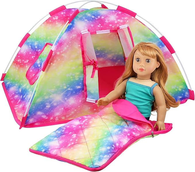 ZITA ELEMENT 7 Items Fashion Camping Tent Set for 18 Inch Girl Doll Accessories - Including 18 Inch Doll Camping Tent, Sleeping Bag, Clothes Set, Shoes, Camera, Eye Glasses and Toy Dog