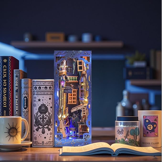 Magic Alley Book Nook Kit - DIY Miniature House Kit for Adults, Teens and Beginners, Magic Miniature Diorama with LED Light, 3D Wooden Puzzle Bookend Bookshelf Insert Decor, Gifts for Fantasy Lovers