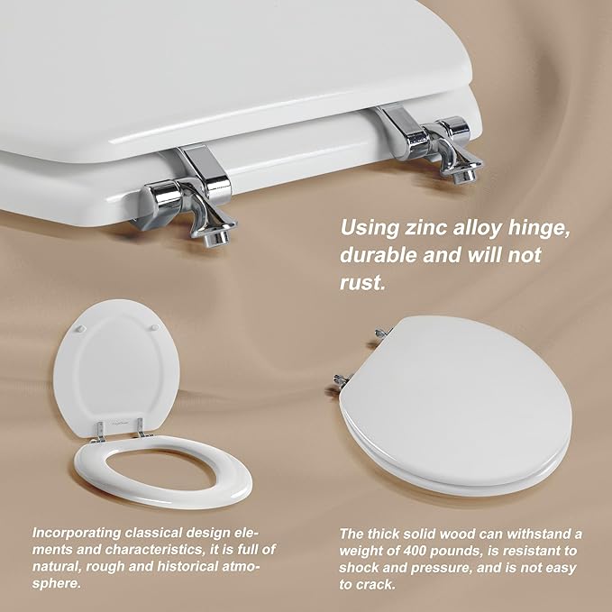 White Round Toilet Seat Natural Wood Toilet Seat with Zinc Alloy Hinges, Easy to Install also Easy to Clean, Scratch Resistant Toilet Seat by Angol Shiold (Round, White)