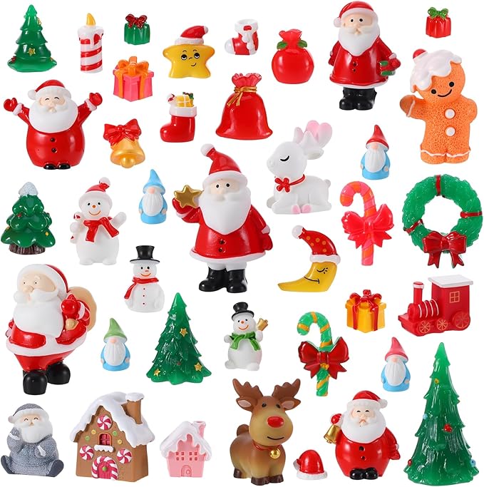 39PCS Christmas Miniature Figurines, Mini Resin Figurines to Hide Small Resin Santa Claus Snowman Xmas Trees Animals for Xmas Goodie Bag Mini Presents for Crafts