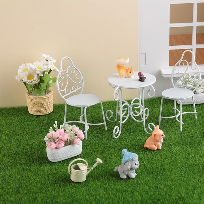 1/12 Scale Dollhouse Table Chair Sets, 9Pcs Metal Miniature Patio Sets, Dollhouse Fairy Garden Bistro Outdoor Furniture Accessories with Jasmine, Daisies, Squirrel and Kettle
