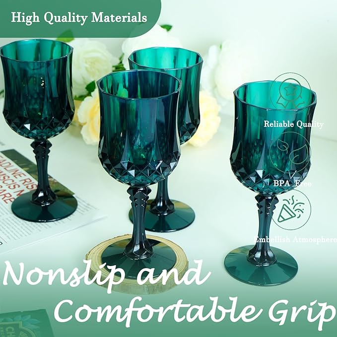 LEYIQU Plastic Wine Glasses, Plastic Goblets Vintage Style Cordial Drinking Glasses for Valentine’s Day, Wedding Reception, Grand Event Party Supplies (24, Green)