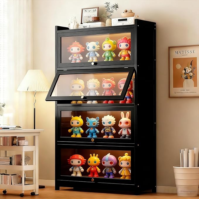 Curio Display Cabinet with Acrylic Glass Door, Large Capacity Storage Cabinet Collectibles Toy Organizers Rack & Display Shelf, Kids Bookshelf and Bookcase for Playroom, Bedroom