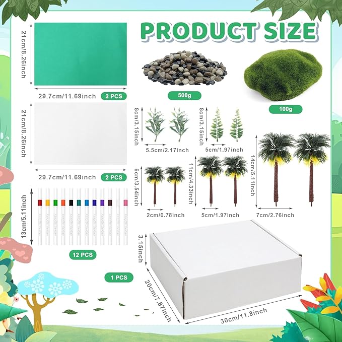 52 Pcs Rainforest Diorama Box Kit - Jungle Animal Model Figures Set, Artificial Tree Stump Fake Rocks Sand Stone Moss for DIY Craft Projects, Home Decoration, Collection Display