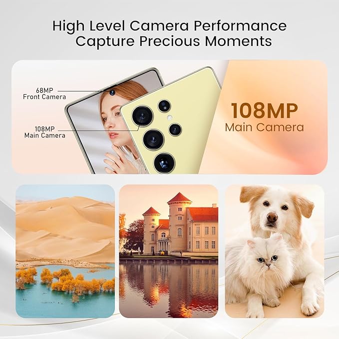 Bnjbmj I25 Ultra Flagship Killer Smartphone - Snapdragon 8 Gen 3, 16GB+512GB, Massive 6.99" FHD+ Display, 108MP+68MP Pro Cam, 7000mAh 2-Day Battery, Android 14, Includes Stylus Pen (Yellow)