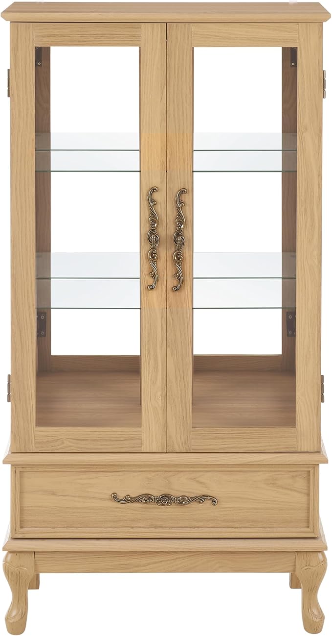 51" H Lighted Curio Display Cabinet with 2 Doors & 1 Drawer, Wooden Glass Curio Showcase w/Adjustable Shelves & Mirrored Back Panel, Storage Cabinet Display Case for Living Room (Light Oak)