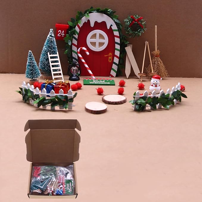 LOGOFUN 21pcs Miniature Dollhouse Christmas Scene Decoration Mini Fairy Door Gnome Tree Snowman Wreath Set for Xmas Decor