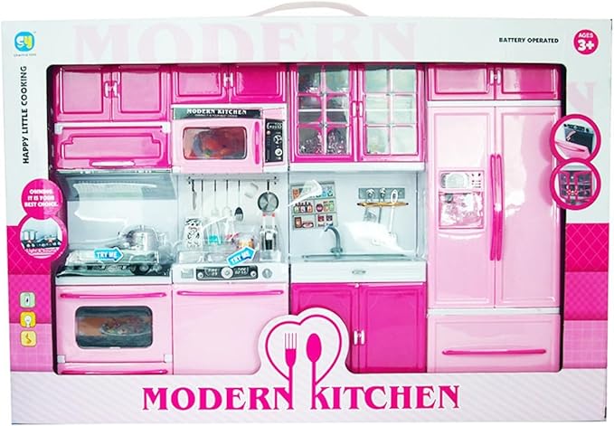 RBN Doll Size Pink Modern Kitchen Cooking Toy Play Set Play House & Accessories with Doll Girls Pretend Play Furniture Appliances with Lights & Sound - Pink
