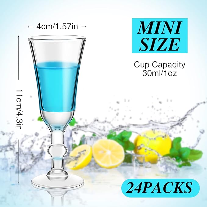 Meanplan Shot Glasses with Stem 1 Oz Cordial Mini Wine Cups Limoncello Port Glasses Clear Heavy Base Fancy Shot Small Goblet Cups for Vodka, Cocktail, Liquor for Kitchen Dining(24 Pcs)