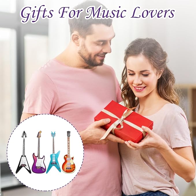 4Pcs Mini Electric Guitar & Bass Guitar Ornament, 1:12 Scale Wooden Miniature Musical Instrument for Mini Music Room, Home Decoration(Purple, Blue, Brown, Black)