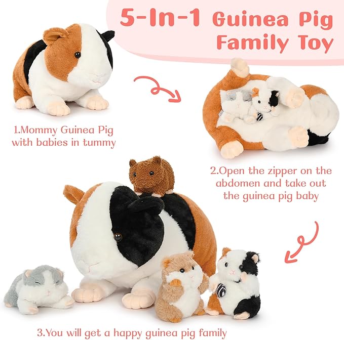5 Pieces Giant Guinea Pig Stuffed Animal, 19.7" Mommy Hamster Plush with 4 Cute Baby Guinea Pig Plushies in Mother Hamster' s Belly,Christmas Birthday for Girls Boys Kids