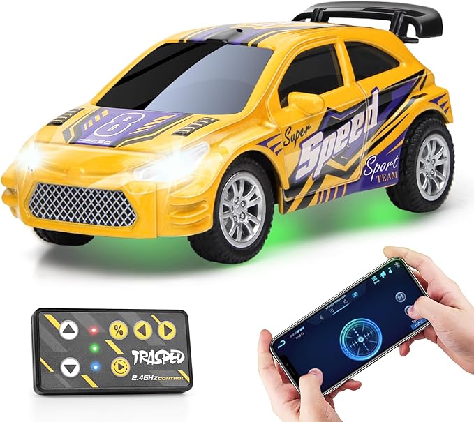 Mini Rc Car, 1/64 Scale Remote Control Car with LED Lights, 2.4Ghz Alloy Remote Control Racing, Speed/Steering Adjustable (Yellow)