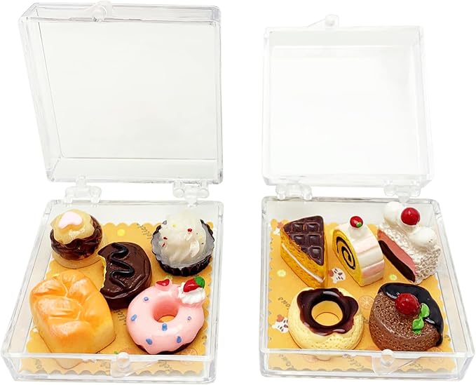 12Pieces Miniature Dollhouse Food Kit Cute 1:12 Mini Cakes Donuts Toast Dessert Kitchen Scene Accessories Micro Landscape Decoration with Acrylic Storage Box