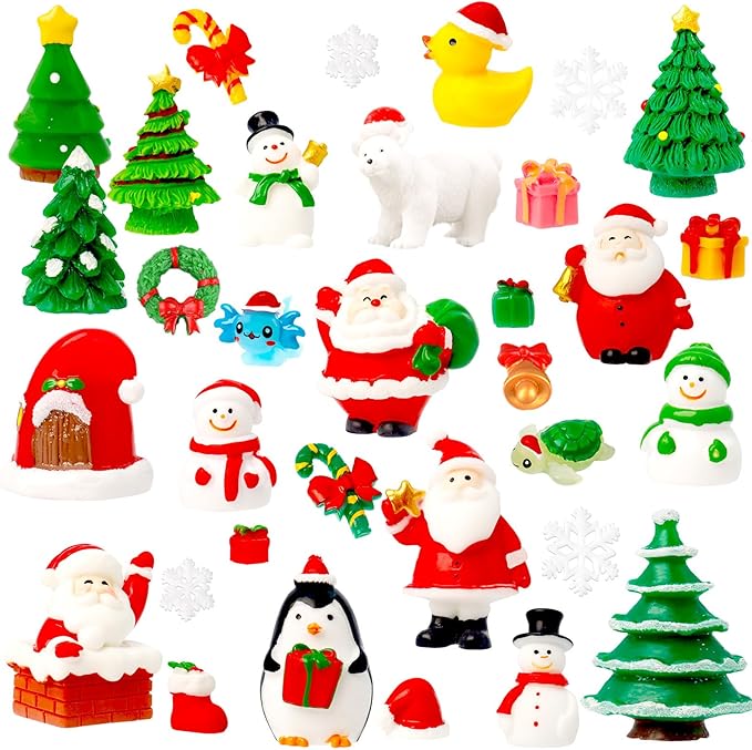 Bbiamsleep 40 Pcs Mini Resin Christmas Figures Miniature Christmas Figurines Xmas Miniature Ornaments Snow Globe Figurines for Fairy Garden Xmas Snow Globes Village Decor