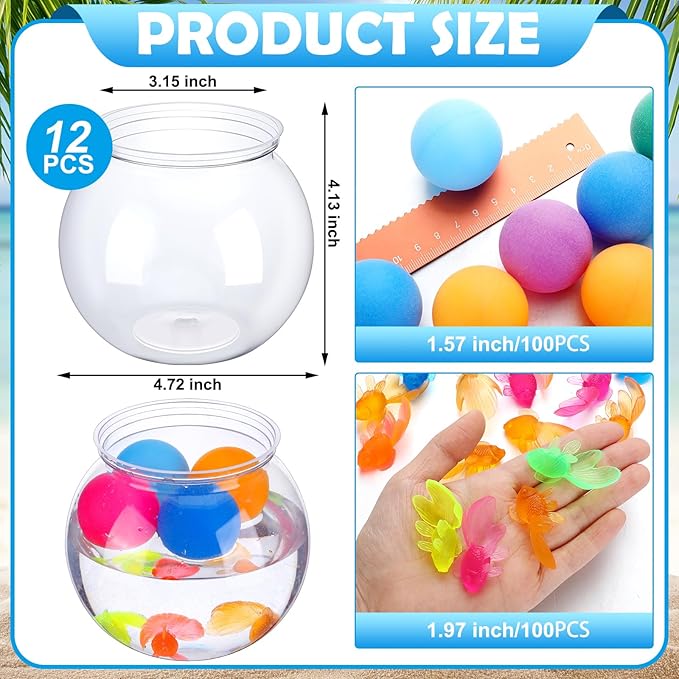 Jingmore 12 Set 30 oz Table Tennis Fish Bowl Carnival Game Favors with Bounce Round Bowls Multicolor Balls Gold Plastic Fish for Adults Carnival Game Party Activity Prizes