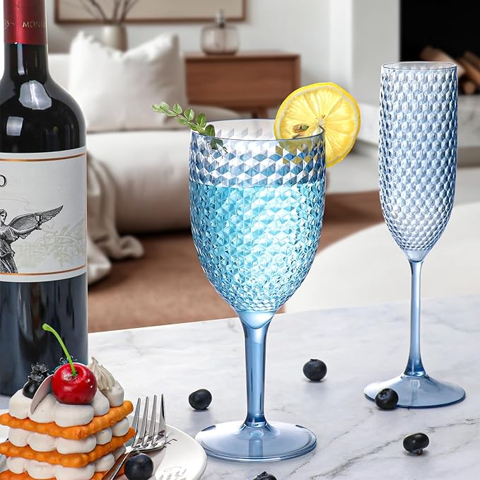 24pcs Blue Plastic Wine Glasses 13.5oz Reusable Acrylic Wedding Goblets Toasting Glassware Unbreakable Wine Cups with Long Stem Crystal Drinking Glasses Champagne Flutes for Bar Restaurants Party
