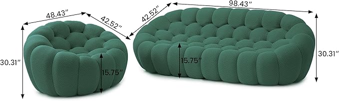 JACH 3 Seater Bubble Sofa and Single Seat Curved Couch, Comfy Upholstered Sofa, Mesh Fabric 3D Honeycomb Shape Modern Couch for Living Room, Office, Apartment, Small Space (Green)