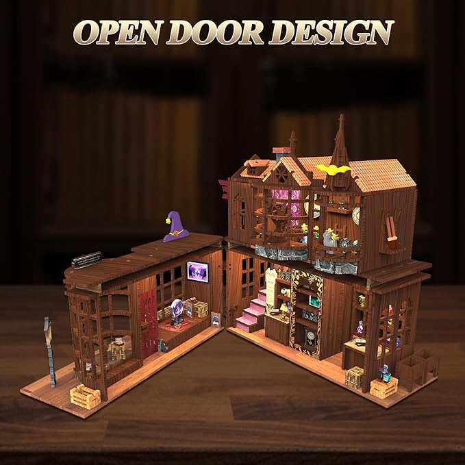 DIY Miniature Dollhouse Kit - Wooden Dollhouse Kit Miniature House Kit with LED Light - 3D Castle Puzzle Gift for Kids and Adults，Magic House DIY Kits