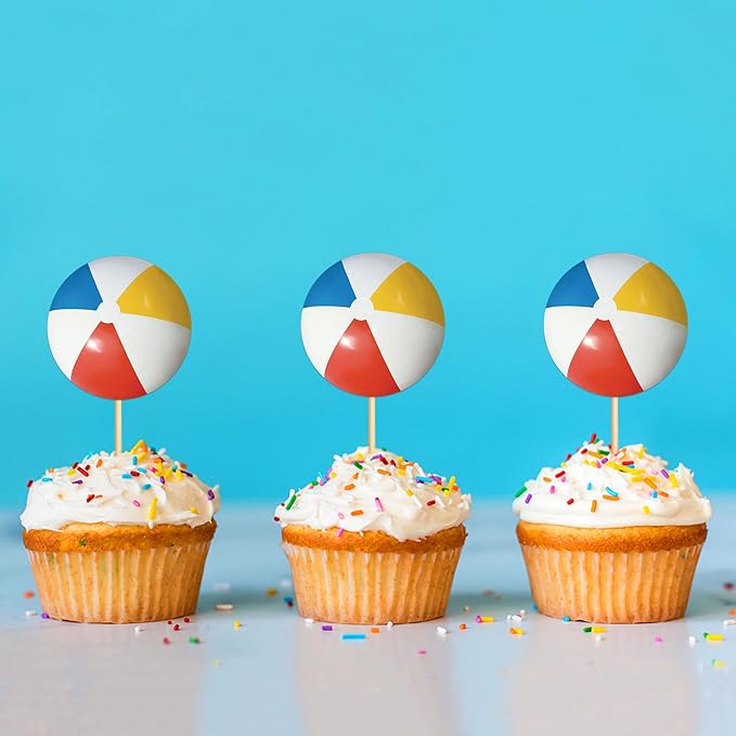 Ercadio 24 Pack Double Sided Beach Ball Cupcake Toppers Water Polo Cupcake Picks Beach Sport Birthday Cake Decorations Baby Shower Party Cake Decoration