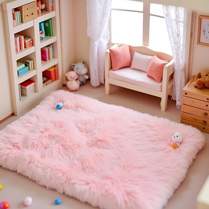 Pink Dollhouse Carpet, Dollhouse Miniature Carpet, Fluffy Mini Dollhouse Rug, Doll House Rug, Lightweight Dollhouse Decor for 1/12, 1/8, 1/6 (Square S)