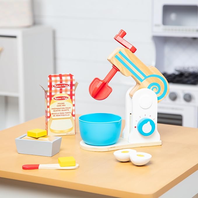 Melissa & Doug Make-a-Cake, 10-Piece Wooden Mixer Set with Play Food & Play Kitchen Accessories, Preschool Toys for Girls & Boys Ages 3+ - FSC Certified