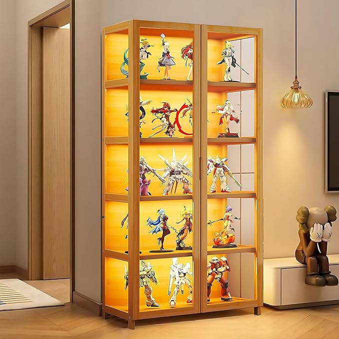 Display Cabinet with Acrylic Glass Doors, Tall Storage Cabinet with Adjustable Shelves, 5 Tier Curio Cabinet&Bookcase for Collectibles, Toys, Books, for Kids Playroom, Bedroom, Study Room