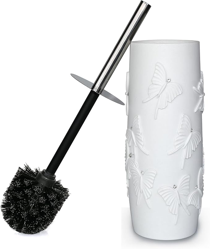 Indecor Home White Butterfly with Rhinestone Design Resin Toilet Holder and Brush Set, Elegant Bathroom Cleaning Tool with Durable Bristles, Compact and Stylish