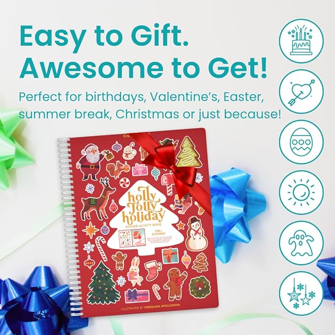 CUPKIN Holly Jolly Holiday Stickers for Kids Toddler Sticker Book, Santa Christmas Activity Book, Toddler Travel Essentials, 300+ Christmas Stickers + 8 Sticker Scenes and Coloring Pages, Ages 2+